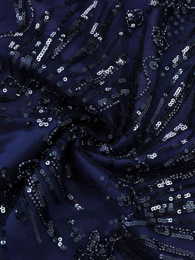 [Prevendita] Abito floreale con paillettes ricamate e spalle scoperte blu anni '50