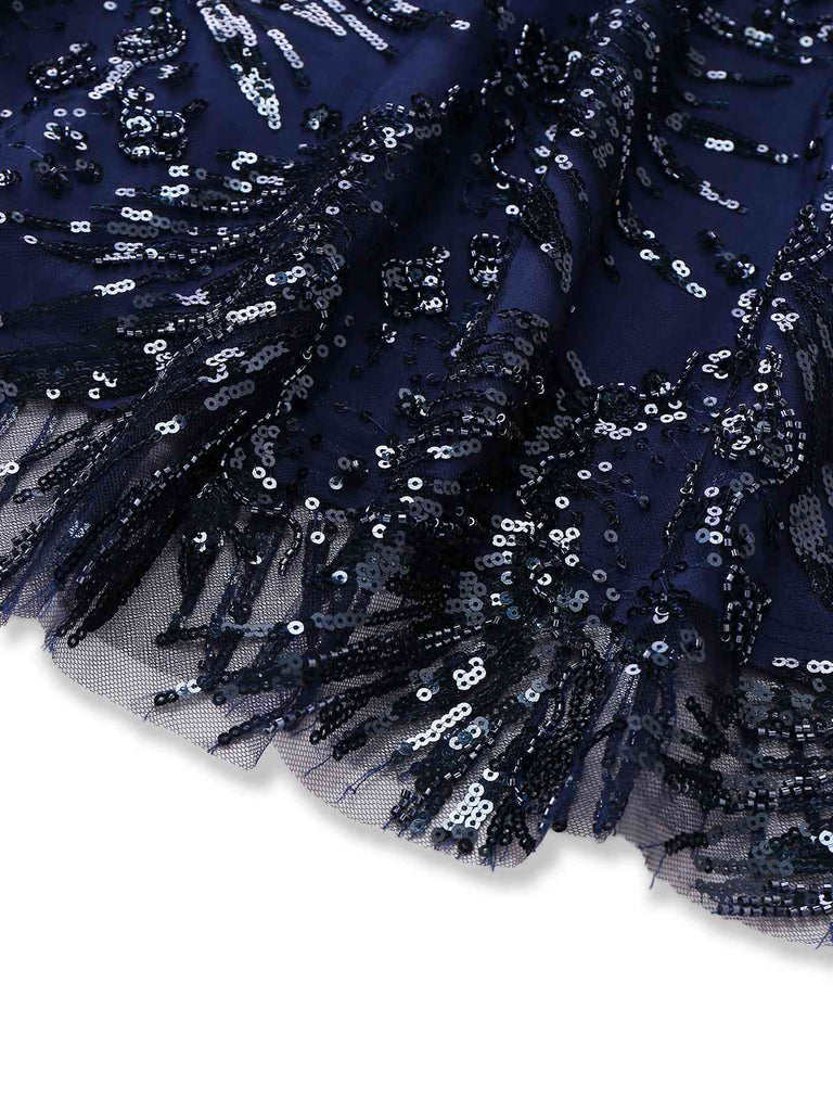 [Prevendita] Abito floreale con paillettes ricamate e spalle scoperte blu anni '50