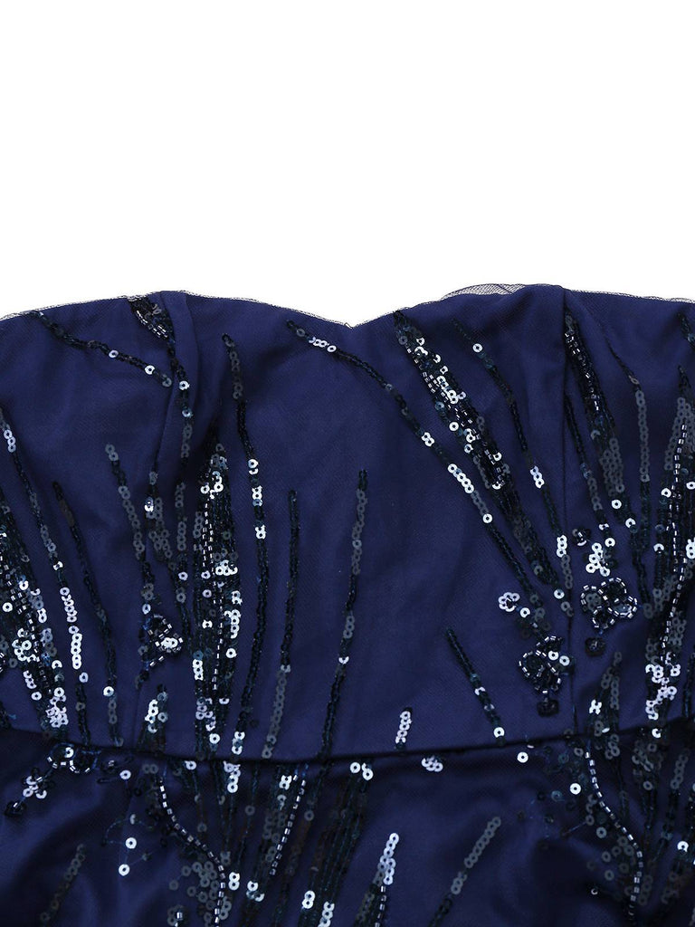 [Prevendita] Abito floreale con paillettes ricamate e spalle scoperte blu anni '50