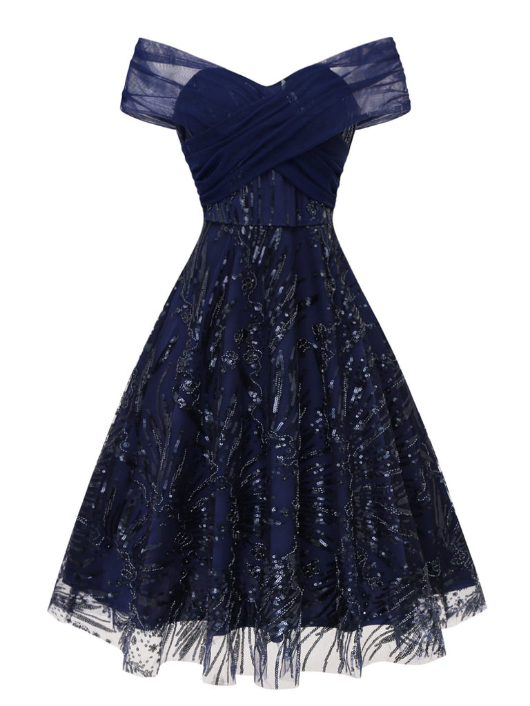 [Prevendita] Abito floreale con paillettes ricamate e spalle scoperte blu anni '50