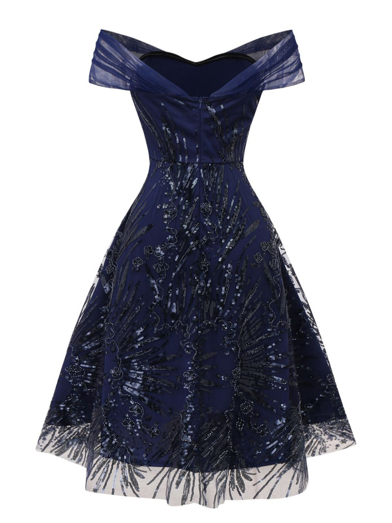 [Prevendita] Abito floreale con paillettes ricamate e spalle scoperte blu anni '50