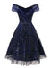 [Prevendita] Abito floreale con paillettes ricamate e spalle scoperte blu anni '50