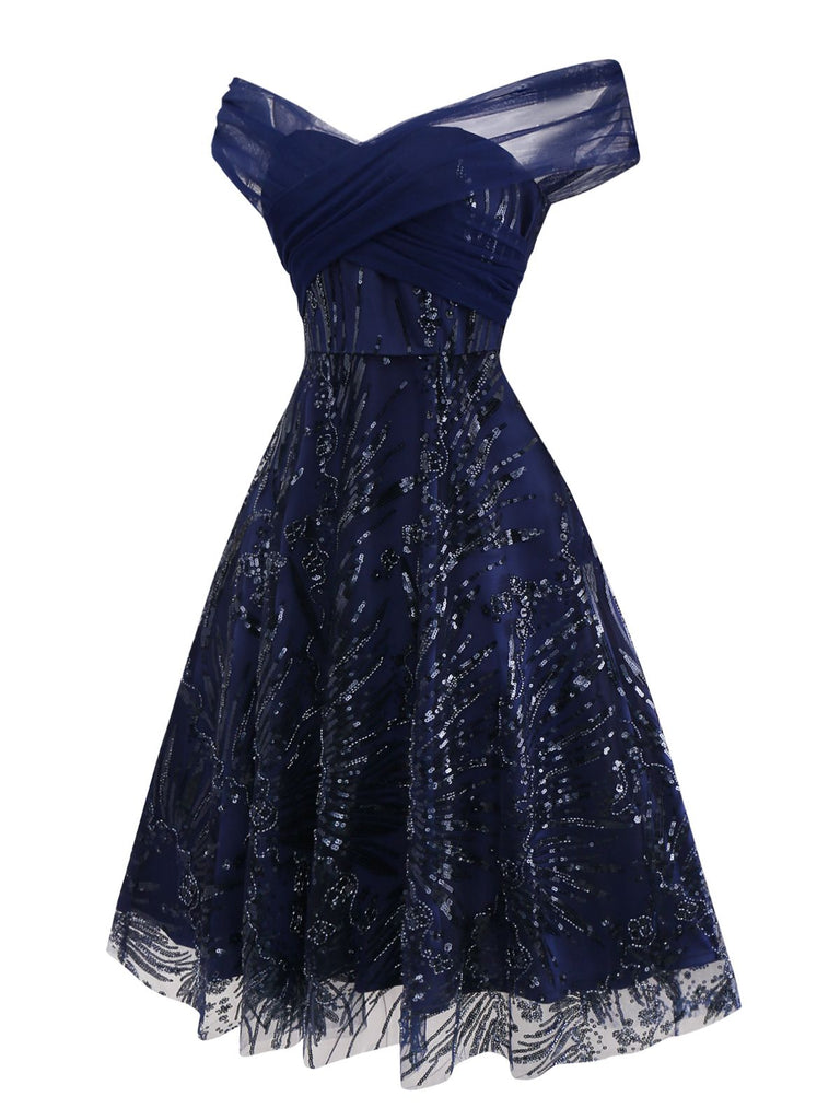 [Prevendita] Abito floreale con paillettes ricamate e spalle scoperte blu anni '50