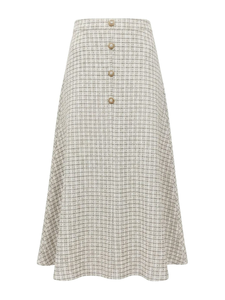 Gonna a trapezio in tweed a quadri con bottoni beige anni '40