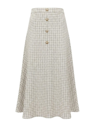 Gonna a trapezio in tweed a quadri con bottoni beige anni '40