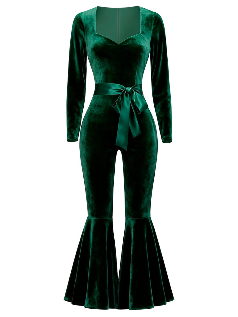 Tuta lunga in velluto e gambe svasate verde anni '70