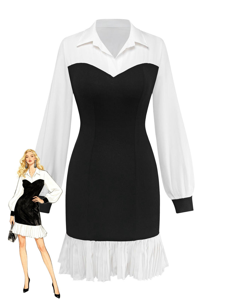 Abito con revers plissettato colorblock in bianco e nero anni '60