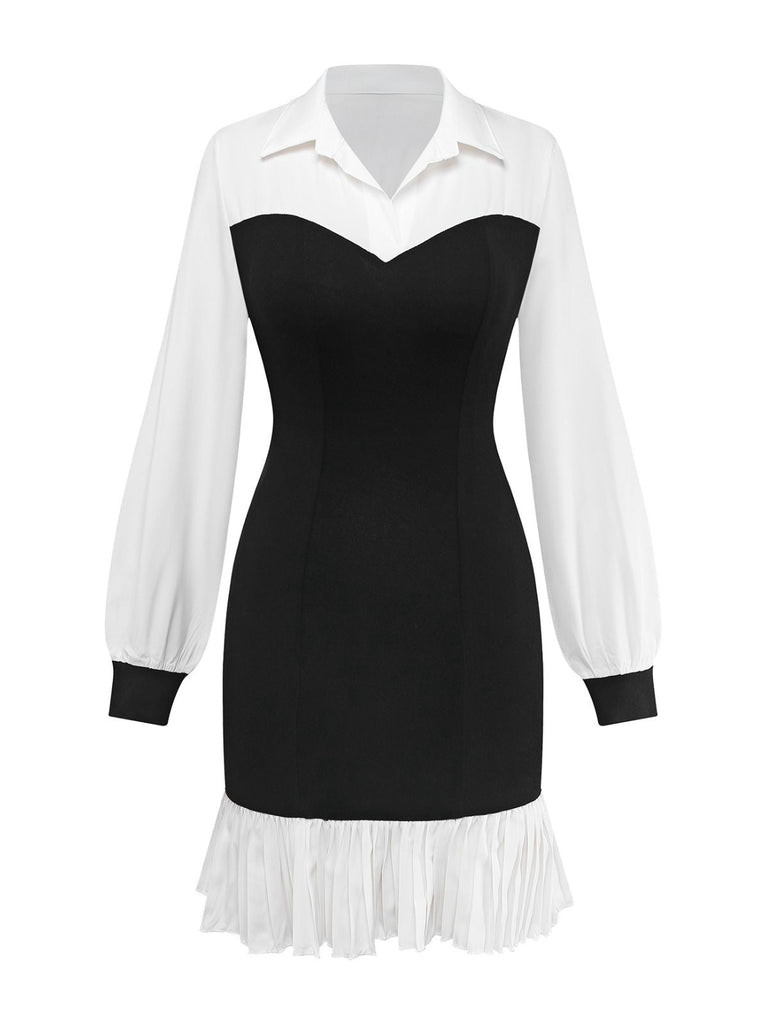 Abito con revers plissettato colorblock in bianco e nero anni '60