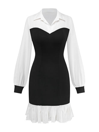 Abito con revers plissettato colorblock in bianco e nero anni '60