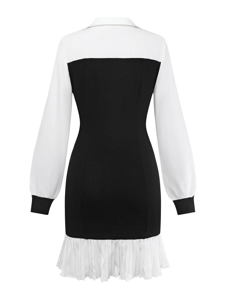 Abito con revers plissettato colorblock in bianco e nero anni '60