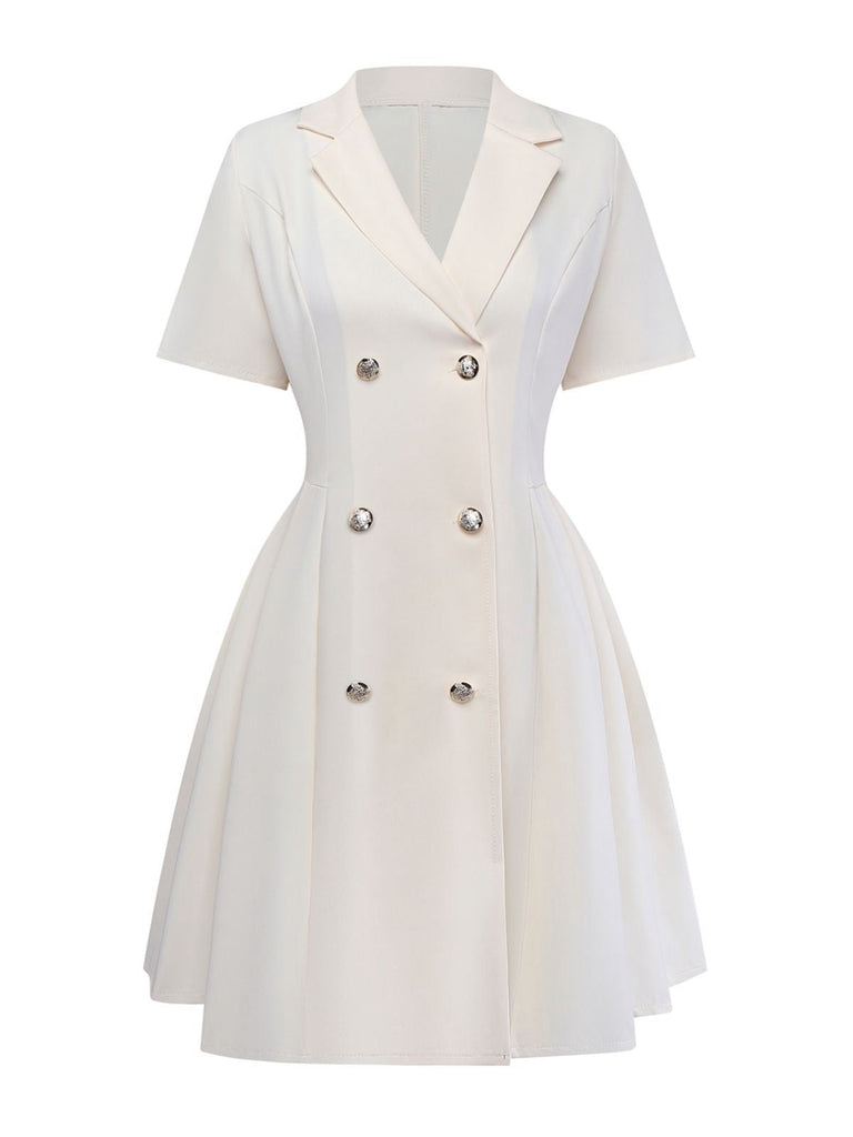 Abito a pieghe con revers doppiopetto beige anni '70
