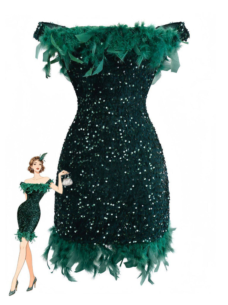 Abito aderente con piume e paillettes verde anni '60