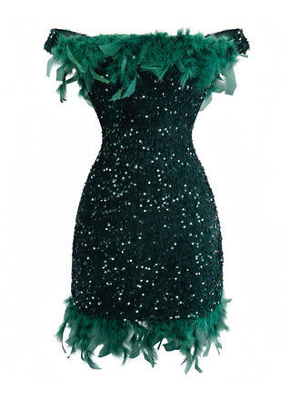 Abito aderente con piume e paillettes verde anni '60