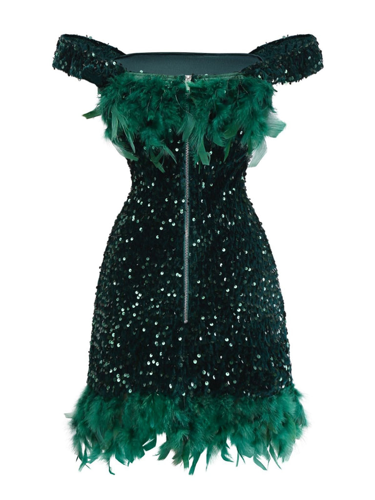 Abito aderente con piume e paillettes verde anni '60