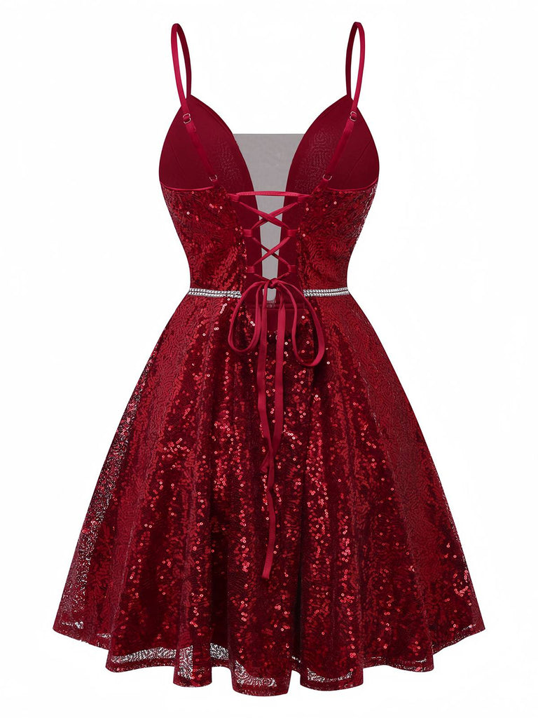 Abito paillettes in rete con scollo a V profondo bordeaux anni '50