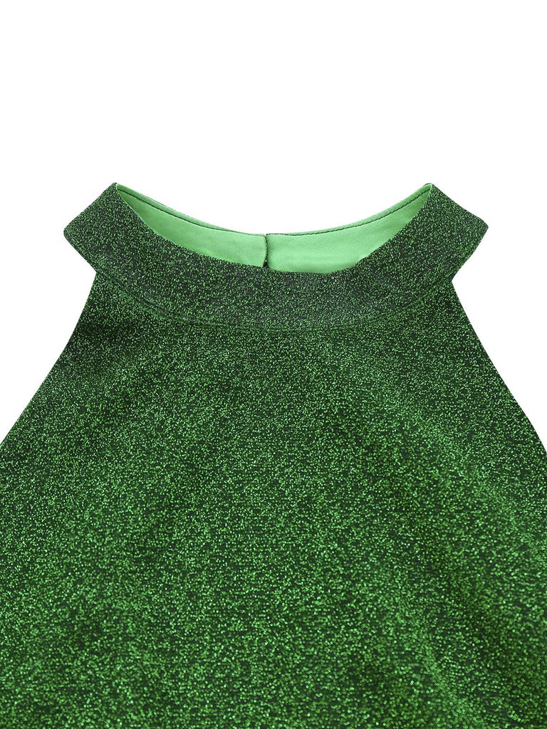 Tuta lunga in finta rete tinta unita e scintillante verde anni '80