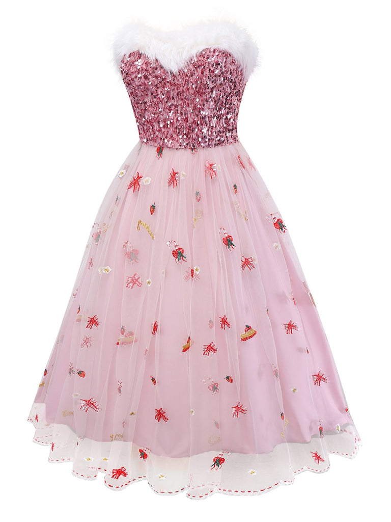Abito in rete con paillettes e senza spalline natalizio rosa anni '50