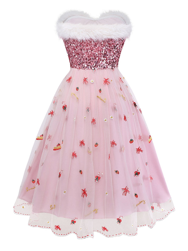 Abito in rete con paillettes e senza spalline natalizio rosa anni '50