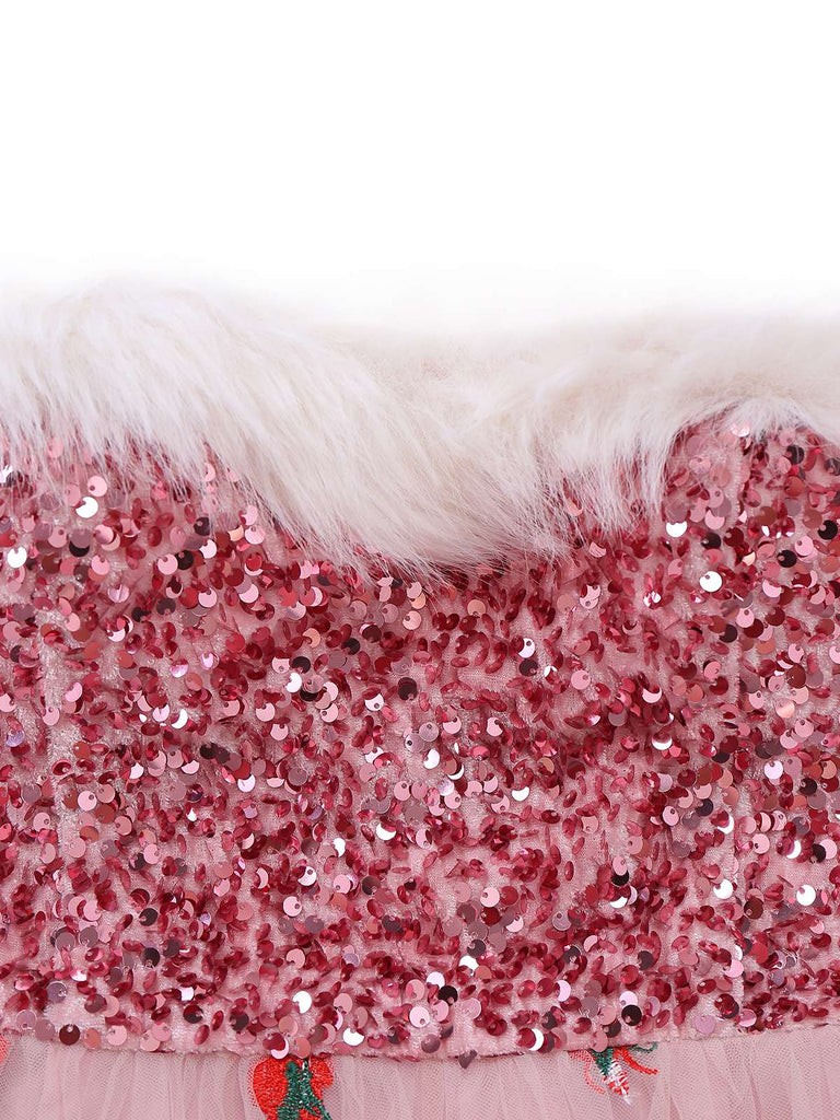 Abito in rete con paillettes e senza spalline natalizio rosa anni '50