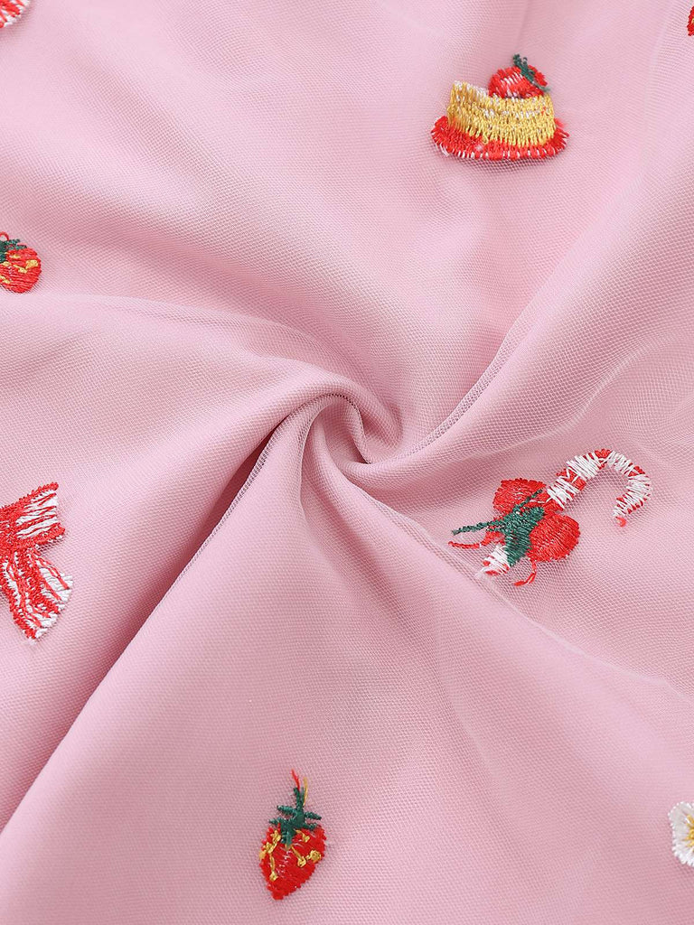 Abito in rete con paillettes e senza spalline natalizio rosa anni '50