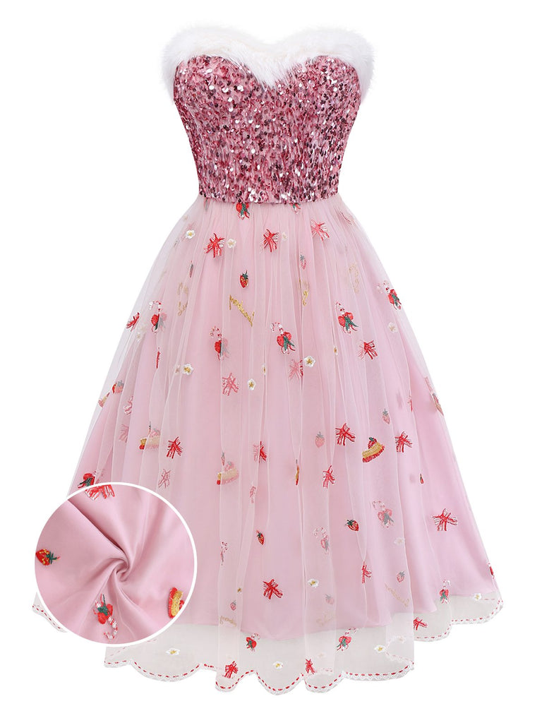 Abito in rete con paillettes e senza spalline natalizio rosa anni '50