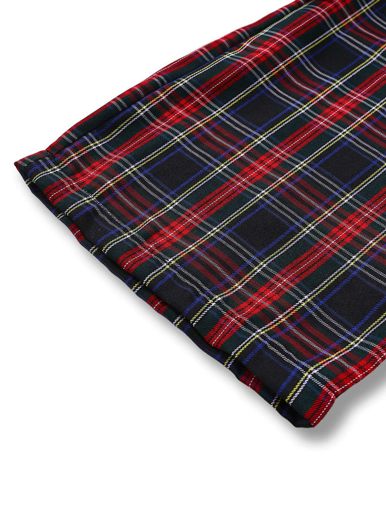 Pantaloni bretelle a quadri con fiocco arricciato nero anni '40