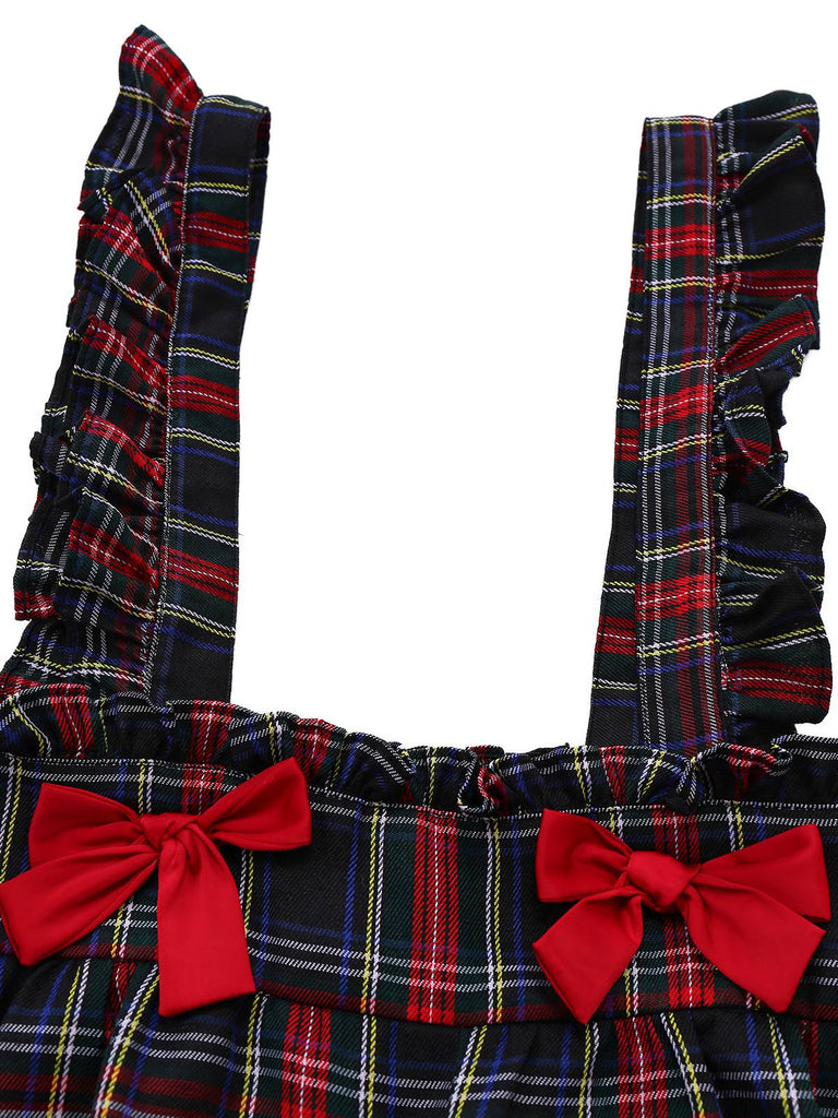 Pantaloni bretelle a quadri con fiocco arricciato nero anni '40