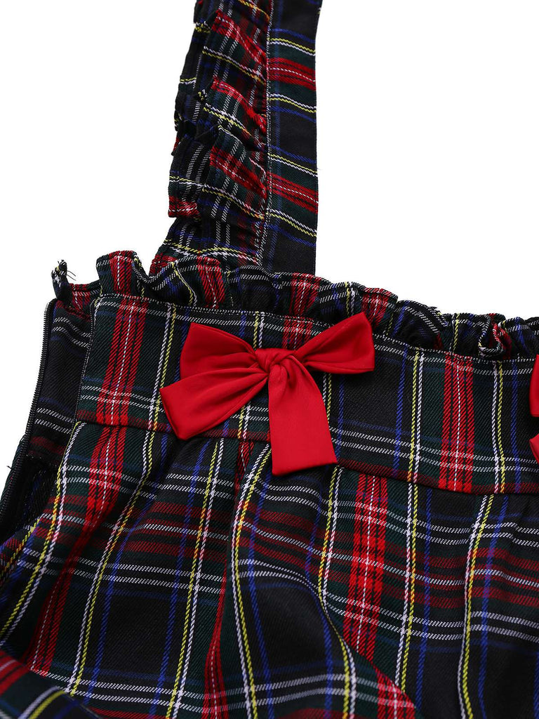 Pantaloni bretelle a quadri con fiocco arricciato nero anni '40