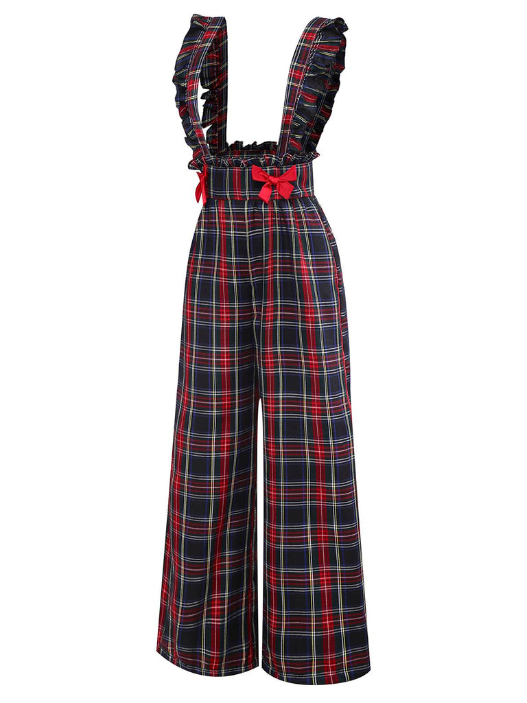 Pantaloni bretelle a quadri con fiocco arricciato nero anni '40