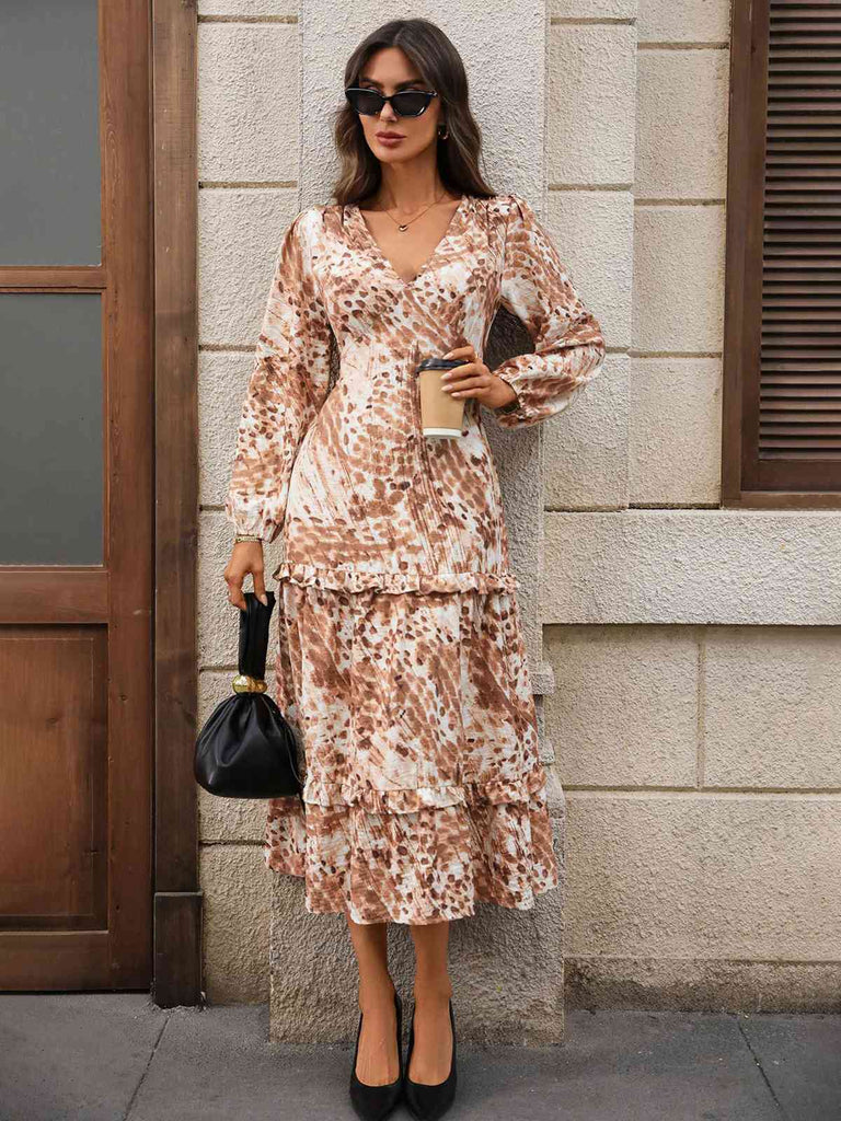 Abito stile Dune con scollo a V dipinto ad acquerello cachi anni '40
