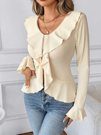 Top con colletto arricciato tinta unita beige anni '50