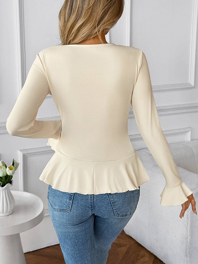 Top con colletto arricciato tinta unita beige anni '50