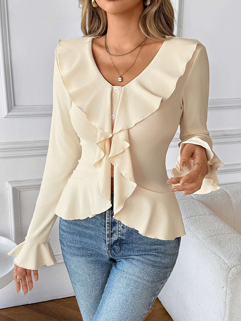 Top con colletto arricciato tinta unita beige anni '50