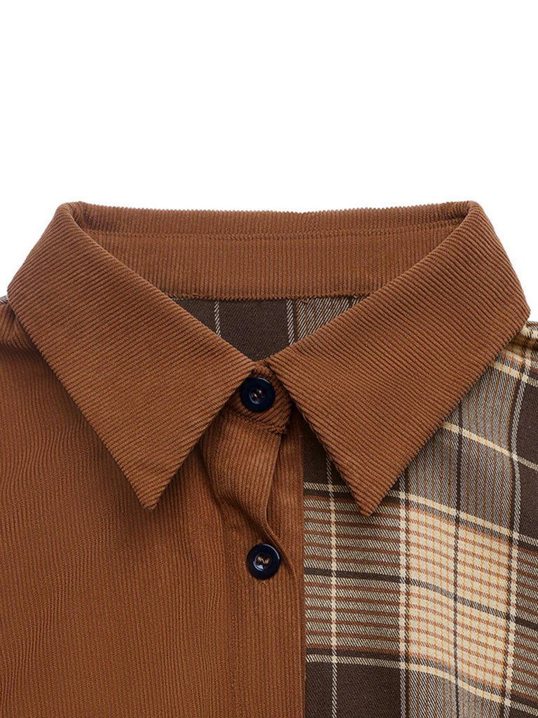 Abito in velluto a coste e quadri con colletto a camicia marrone anni '50