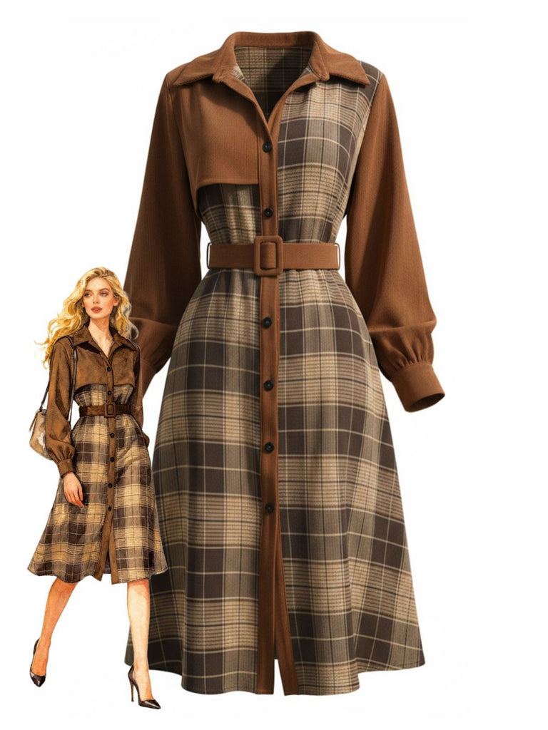 Abito in velluto a coste e quadri con colletto a camicia marrone anni '50