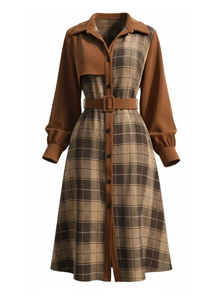 Abito in velluto a coste e quadri con colletto a camicia marrone anni '50