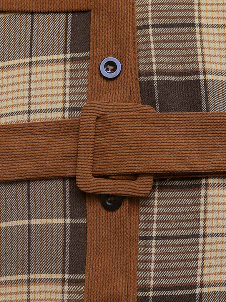 Abito in velluto a coste e quadri con colletto a camicia marrone anni '50