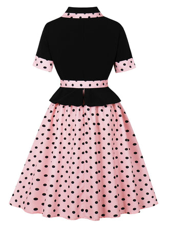 Abito a ruota a pois con cintura e patchwork anni '50