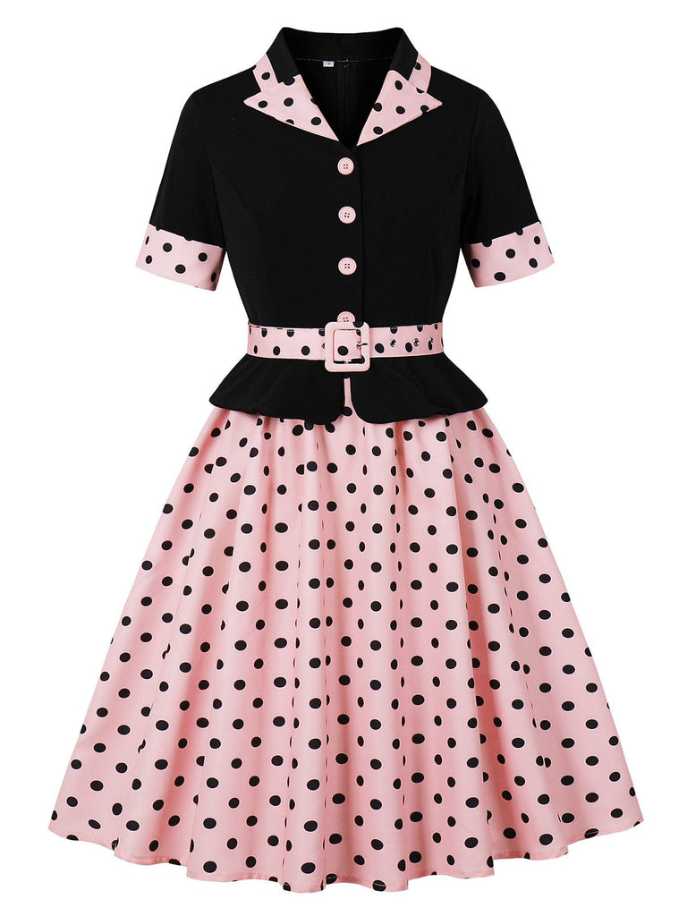 Abito a ruota a pois con cintura e patchwork anni '50