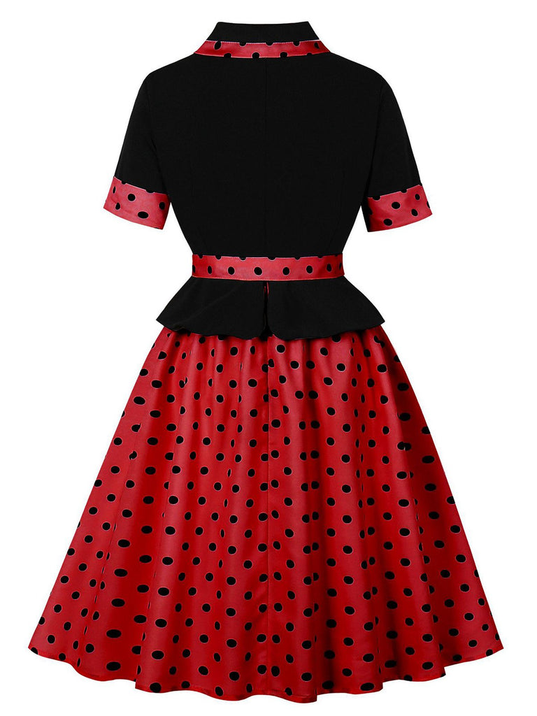 Abito a ruota a pois con cintura e patchwork anni '50
