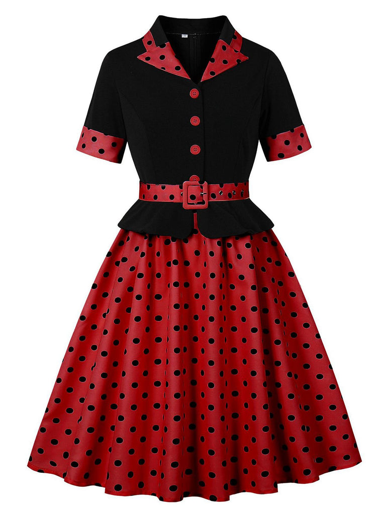 Abito a ruota a pois con cintura e patchwork anni '50