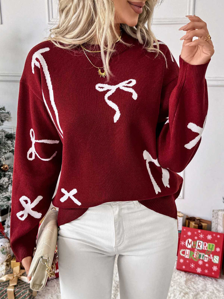 Maglione con motivo a fiocco bordeaux anni '50