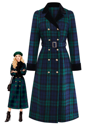 Cappotto a quadri con colletto a tacca blu e verde anni '40