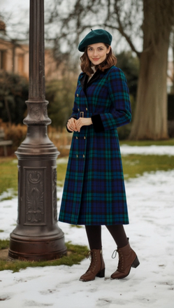 Cappotto a quadri con colletto a tacca blu e verde anni '40