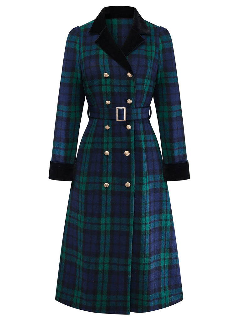 Cappotto a quadri con colletto a tacca blu e verde anni '40