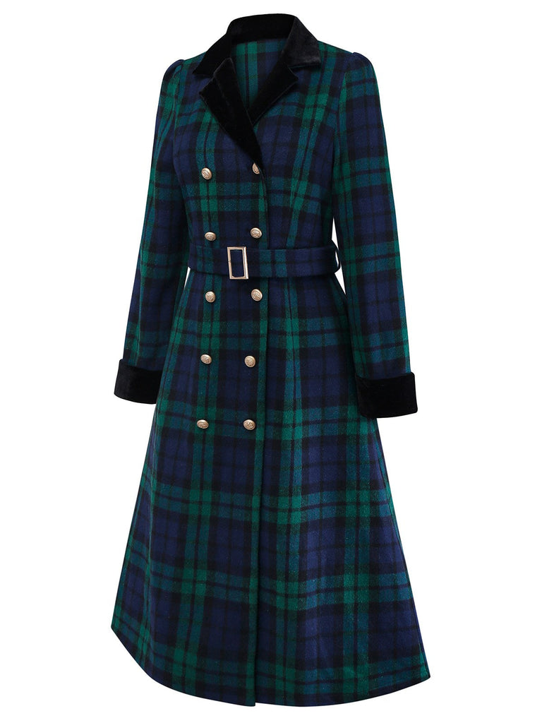 Cappotto a quadri con colletto a tacca blu e verde anni '40