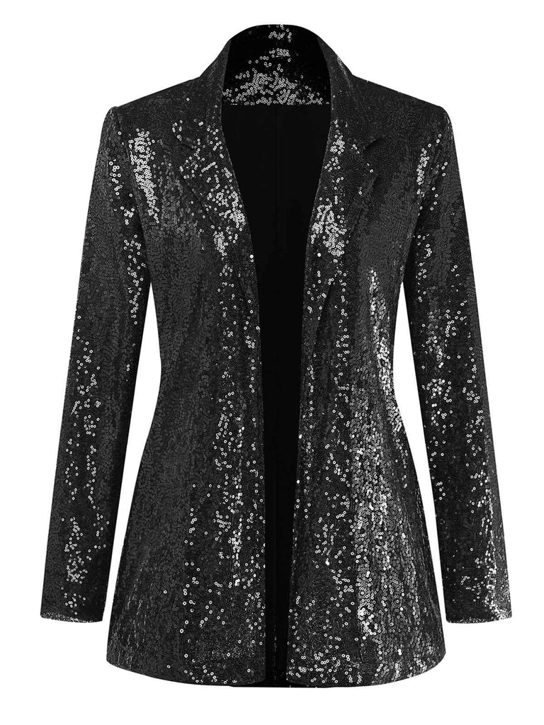 Giacca in paillettes a maniche lunghe con revers nero anni '70