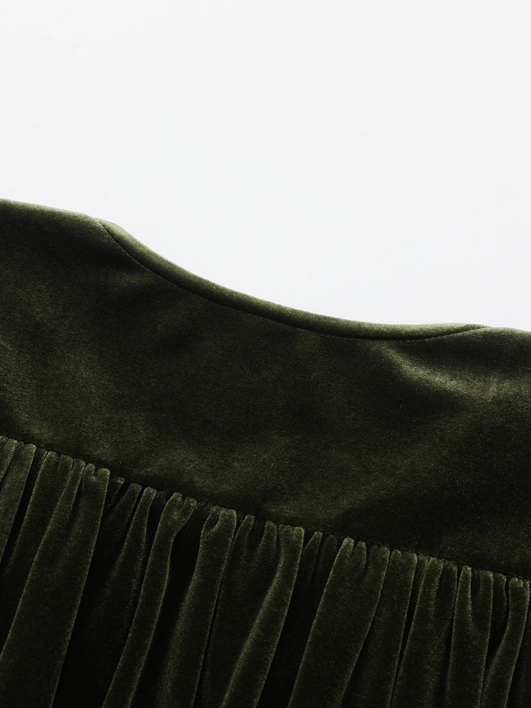 Abito in velluto con scollo a V profondo arricciate verde anni '40