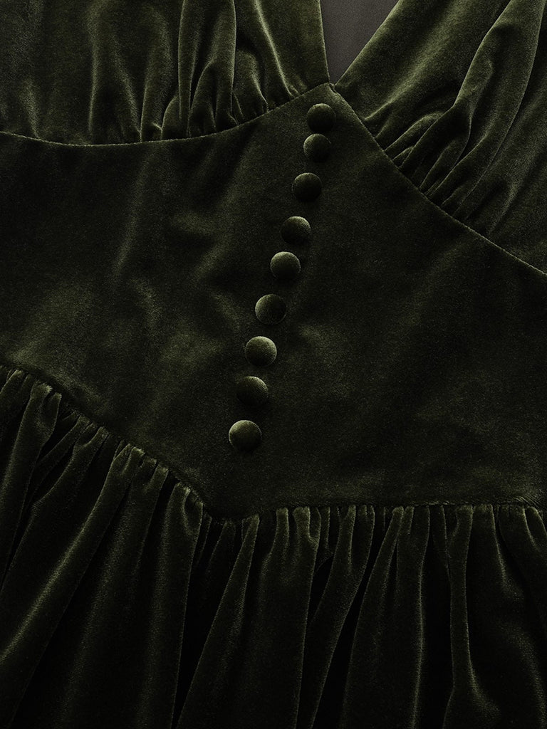 Abito in velluto con scollo a V profondo arricciate verde anni '40