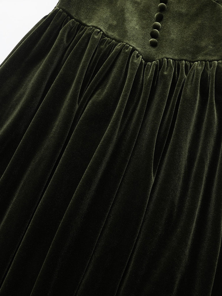 Abito in velluto con scollo a V profondo arricciate verde anni '40